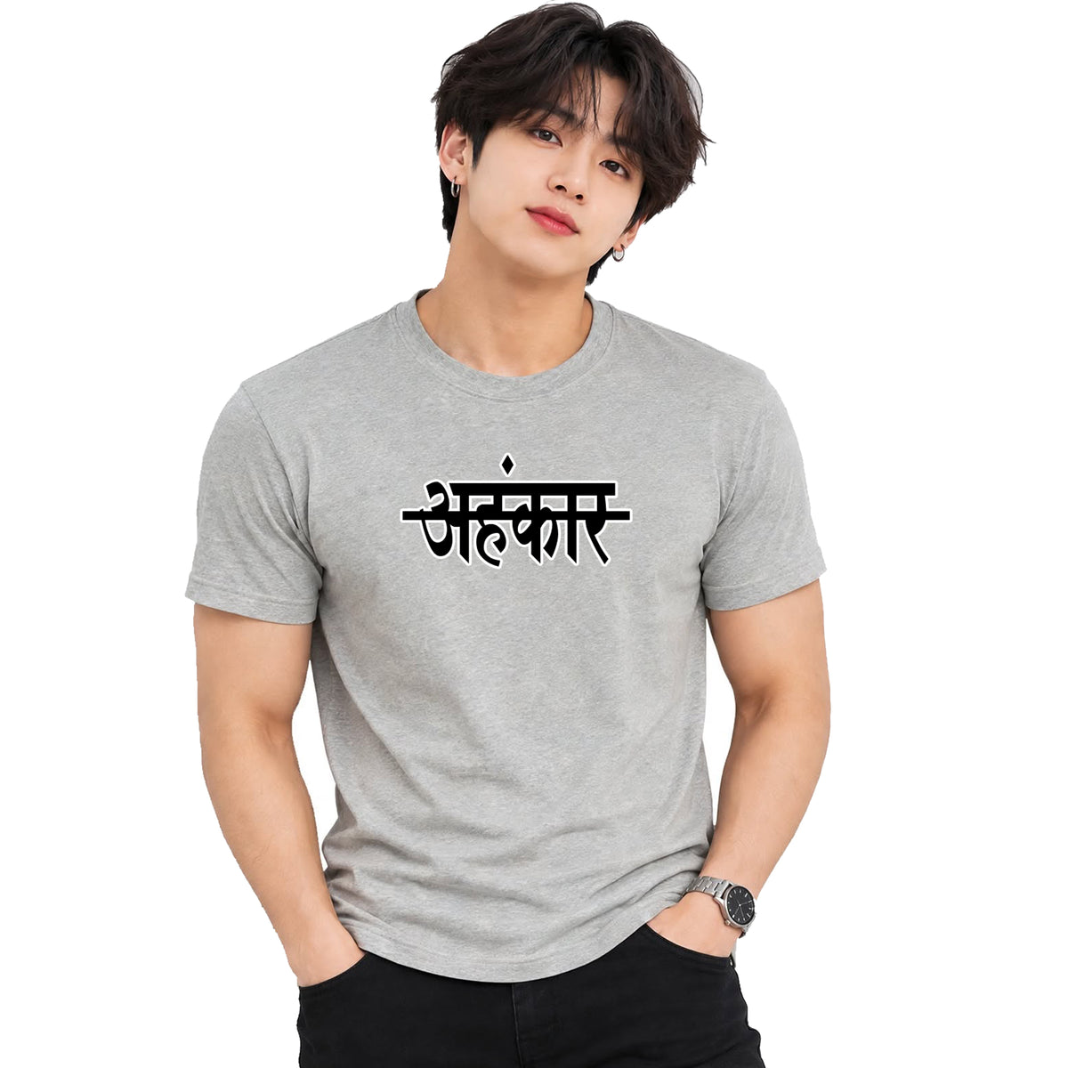 Men's Yellow Graphic Cotton T Shirt | Hindi "Ahankar" (अहंकार) Typography T-Shirt | Casual Round Neck Tshirt for Men | Oversized Fit Streetwear