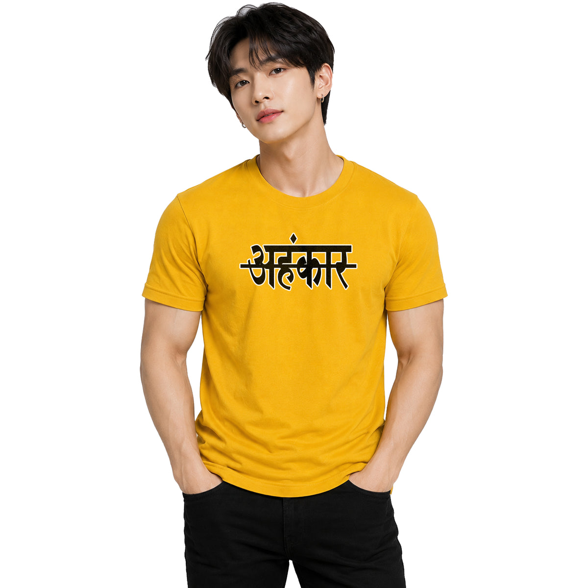 Men's Yellow Graphic Cotton T Shirt | Hindi "Ahankar" (अहंकार) Typography T-Shirt | Casual Round Neck Tshirt for Men | Oversized Fit Streetwear