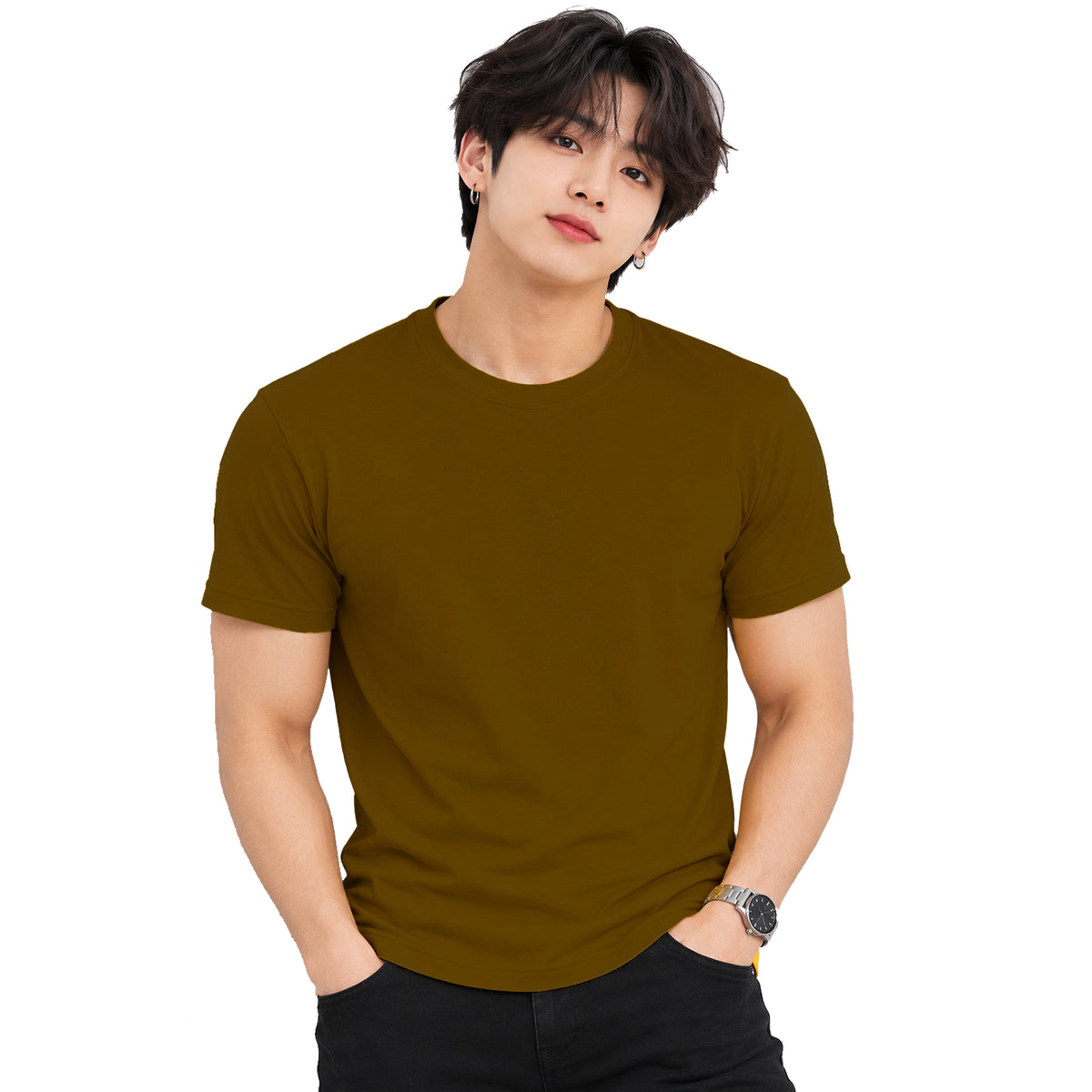 Men's Plain Cotton T-Shirt | Round Neck Half Sleeve Tshirt for Men | Regular Fit Casual Tee | Available in Grey, Yellow, Brown, Green | Sizes M, L, XL