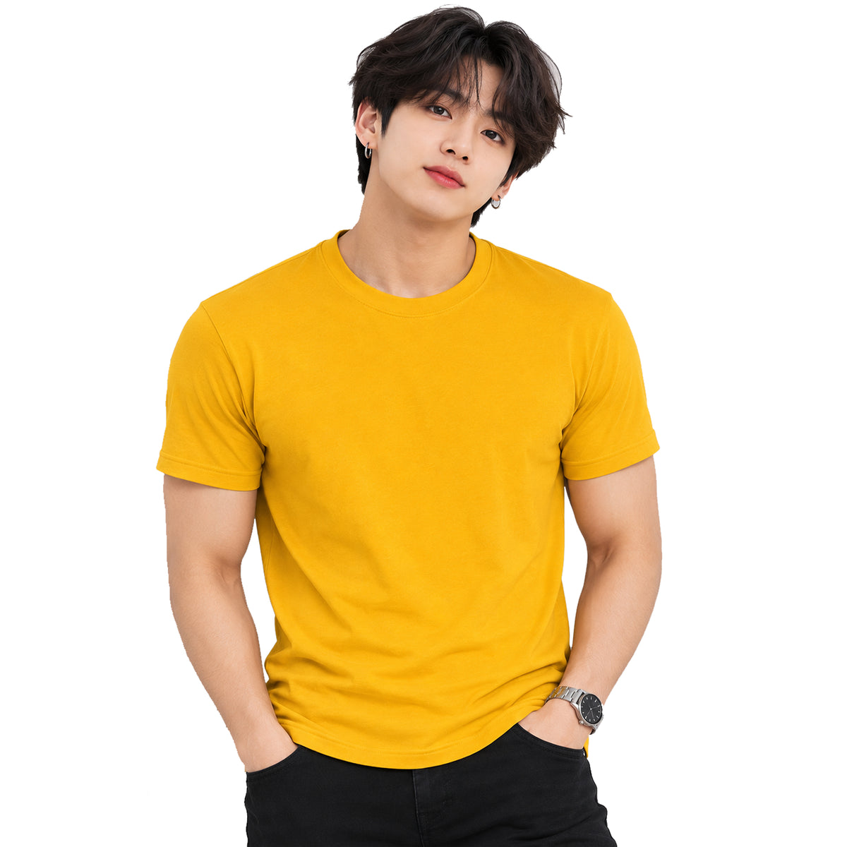 Men's Plain Cotton T-Shirt | Round Neck Half Sleeve Tshirt for Men | Regular Fit Casual Tee | Available in Grey, Yellow, Brown, Green | Sizes M, L, XL